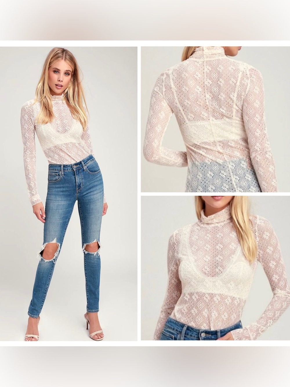 FREE PEOPLE Sweet Memories Ivory Sheer Lace Boho Turtleneck Top XS FairyGoth